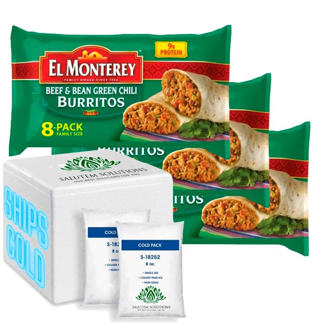 El Monterey Beef & Bean Green Chili Burritos, 32 oz, 8 Count Pack of