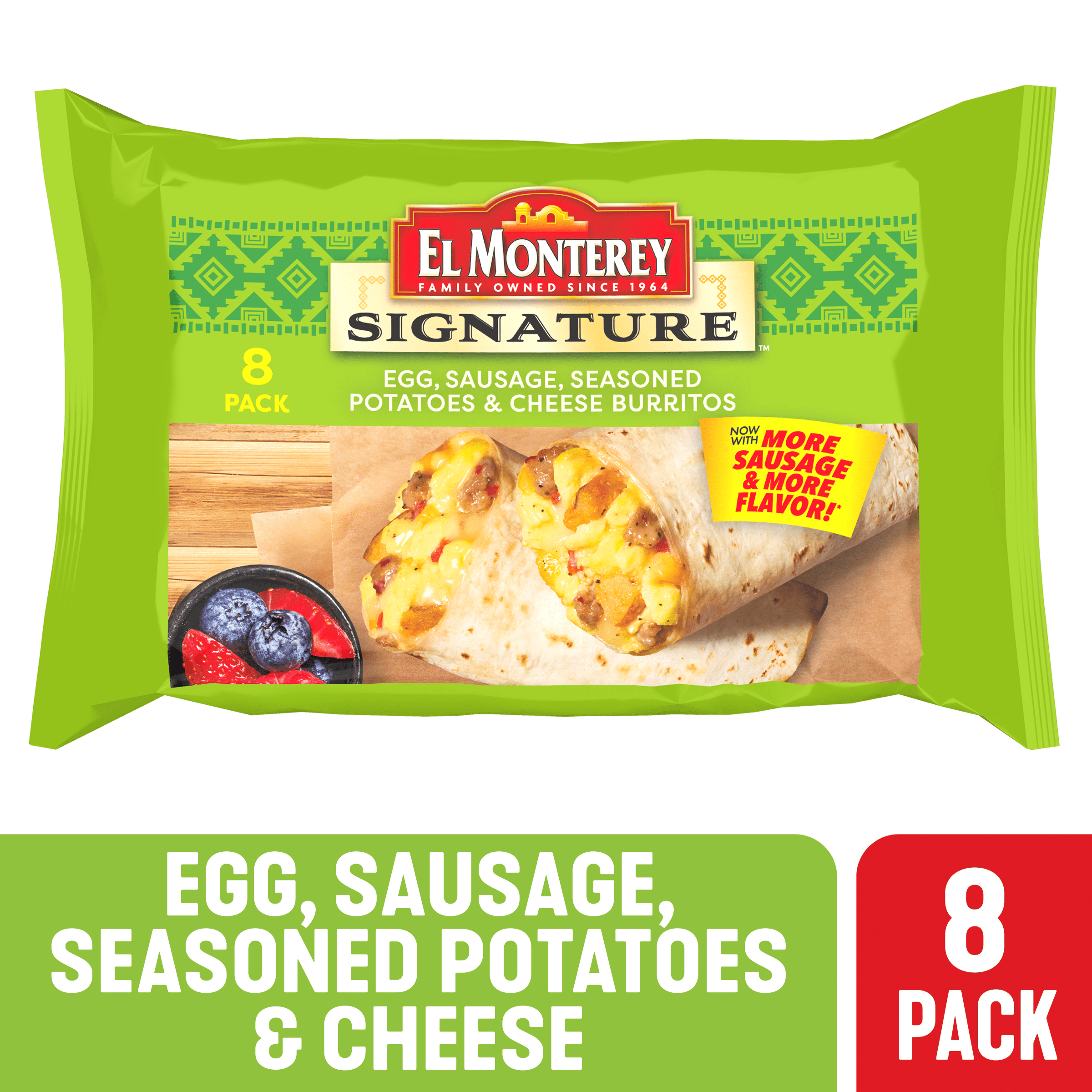 El Monterey Signature Egg, Sausage, Cheese & Potato Burritos, 36 oz, 8 Count (Frozen)