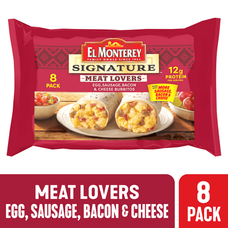 El Monterey Signature Meat Lovers Egg, Sausage, Bacon & Cheese Burritos, 36 oz, 8 Count (Frozen)