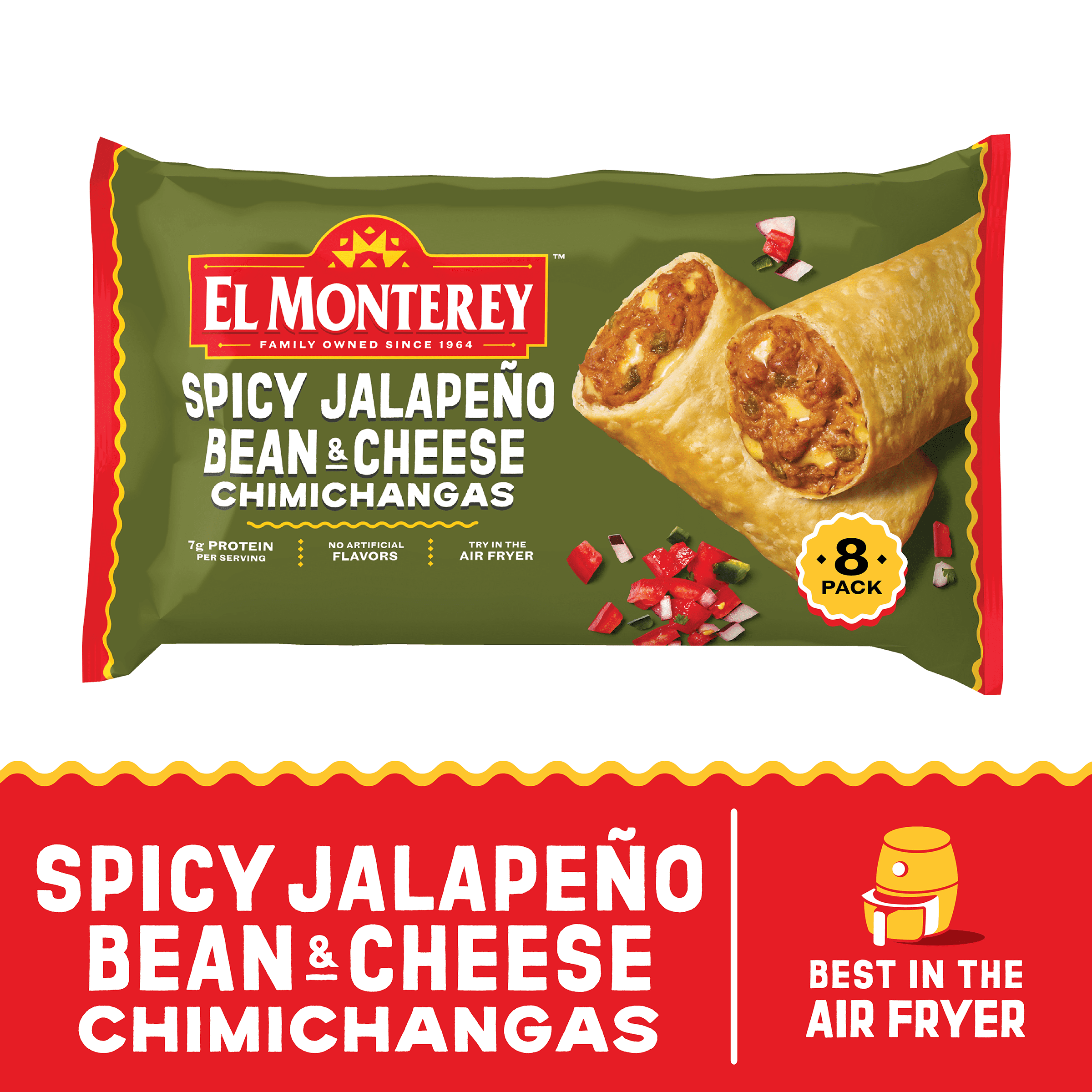 El Monterey Spicy Jalapeno Bean & Cheese Chimichangas, 30.4 oz, 8 Count (Frozen)