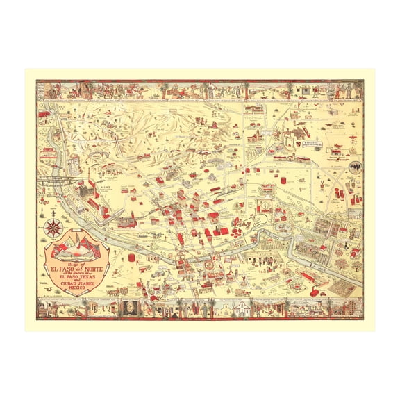 El Paso Art, 1932 Vintage Map of El Paso Texas, TX History Wall Decor Gift, Old El Paso Map - 36" x 24" Unframed Print