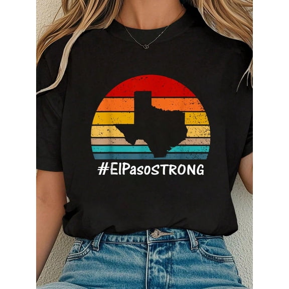 El Paso Strong Texas State Silhouette Retro Sunset Vintage T-Shirt, Unisex Adult Short Sleeve Graphic Tee, Black