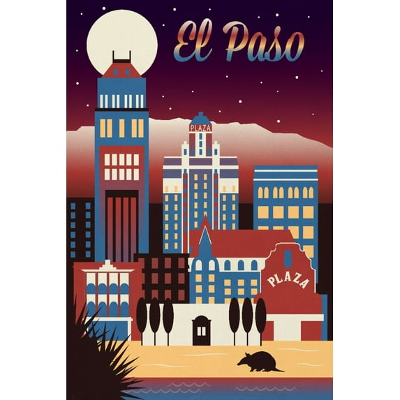 El Paso, Texas, Retro Skyline Chromatic Series (24x36 Giclee Gallery Art Print, Vivid Textured Wall Decor)