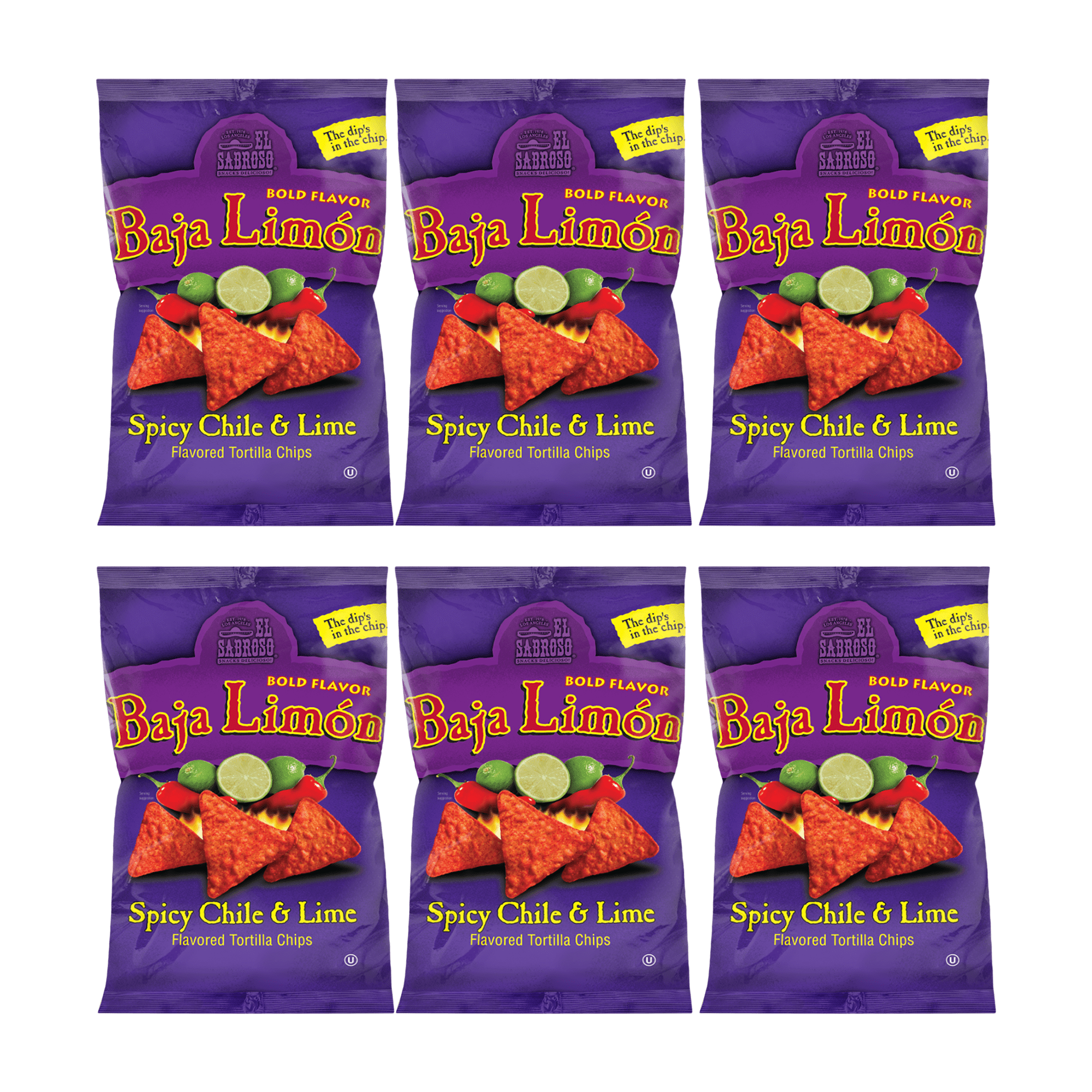 El Sabroso Baja Limón Spicy Chile & Lime Flavored Tortilla Chips, 3 oz Bags pack of 6
