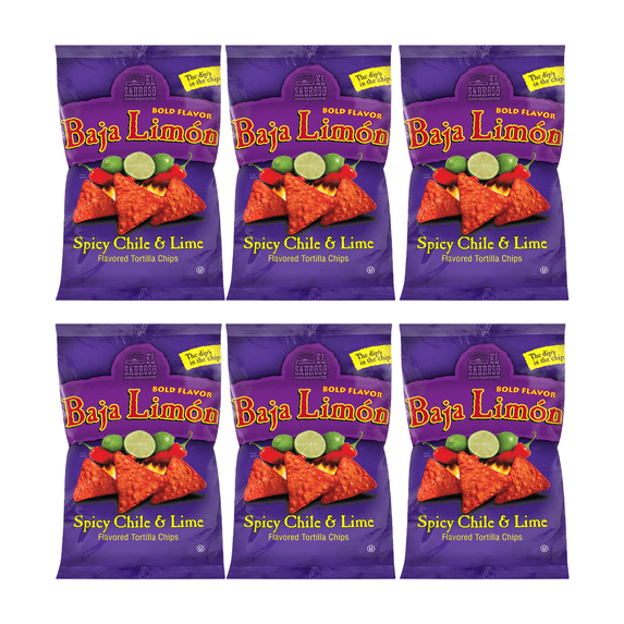 El Sabroso Baja Limón Spicy Chile & Lime Flavored Tortilla Chips, 3 oz Bags pack of 6