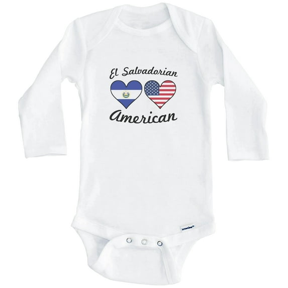 El Salvadorian American Flag Hearts El Salvador One Piece Baby Bodysuit (Long Sleeve), 6-9 Months White