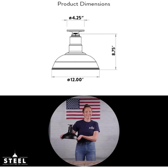 El Segundo Barn Light | Ceiling Mounted Pendant | 12 inch Dome | Flush Mount | Heavy Duty Steel Farmhouse Light Made in America | Galvanized Exterior/Galvanized Interior