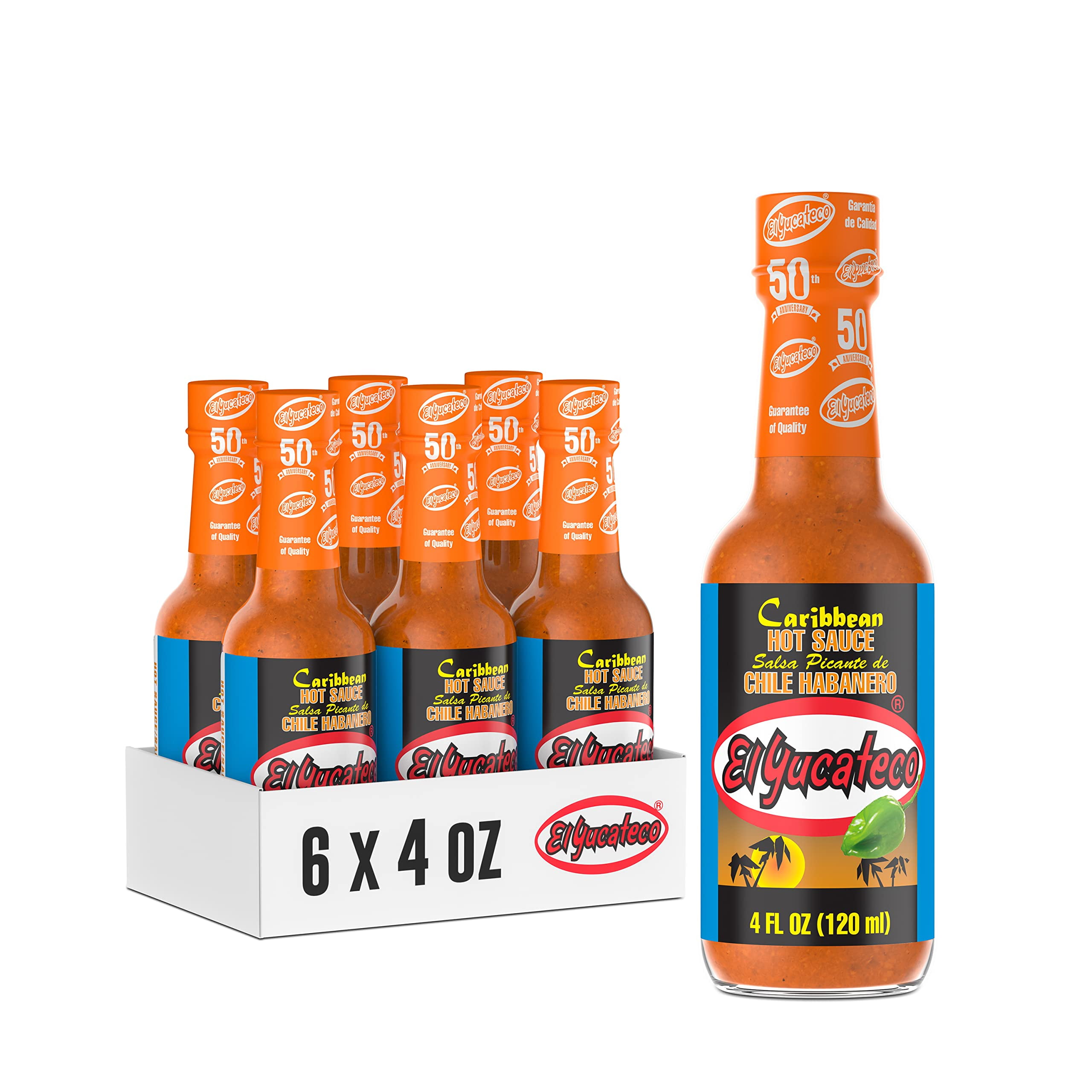 El Yucateco Caribbean Habanero Sauce, 4 oz, 6 Pack, 7,000 Average Scoville Units, Gluten Free