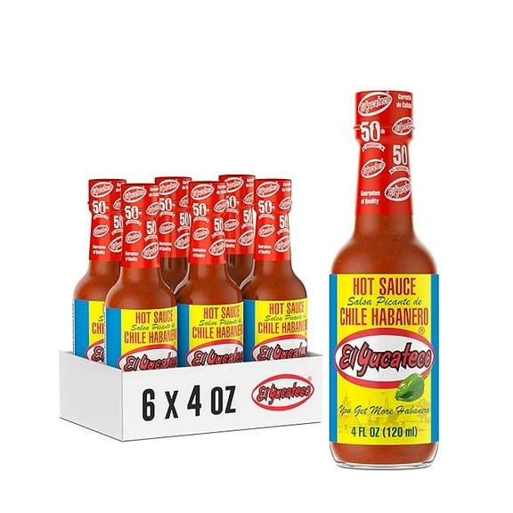 El Yucateco Red Habanero Sauce, 4 oz., 6 Pack, 8,550 Average Scoville Units, Gluten Free, Sugar Free