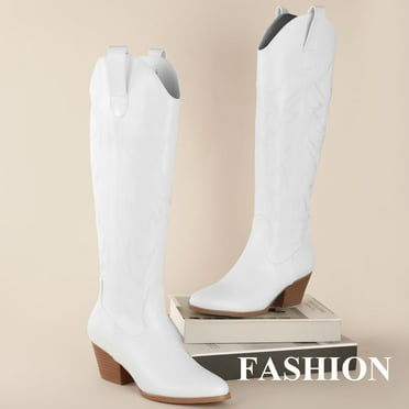 ElElax Cowboy Boots for Women, Cowgirl Boots Low Chunky Heel Embroidered Pull On Side Zip Pointed Toe Western Boots