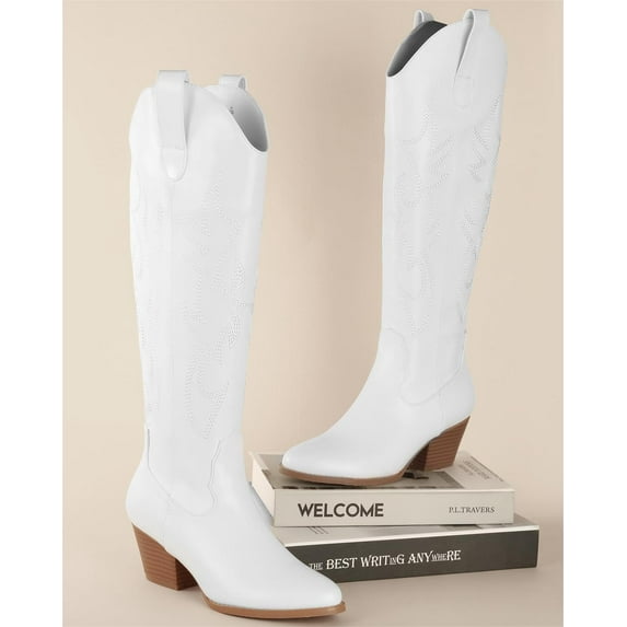 ElElax Women Cowboy Boots, Knee-High Chunky Heel Western Cowgirl Boots, with Classic Embroidered Western Boots, Cowboy Boots for Women
