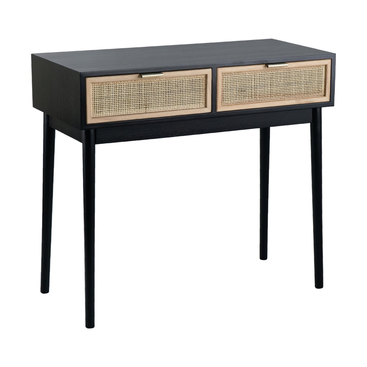 Ela 35 Inch Black Wood Console Table with Rattan Drawers