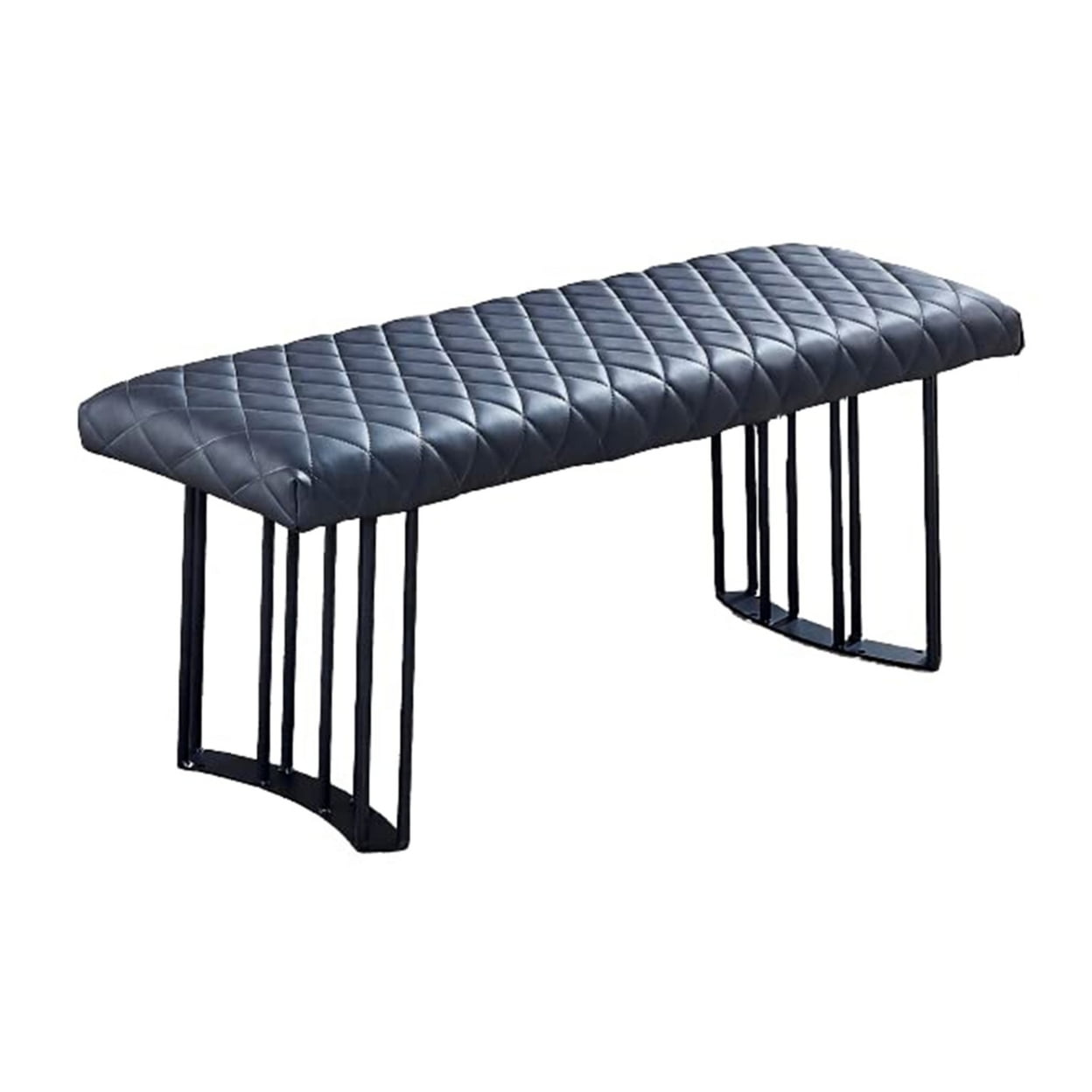 Ela 47 Inch Modern Dining Bench, Dark Gray Vegan Leather, Black Metal Frame Saltoro Sherpi