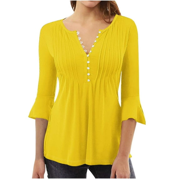 Elabch Blouses for Women V Neck 3/4 Sleeve Tunic Blouse Tops Fashion Half Button Flare Sleeve Womens Tops Casual Solid Plus Size Tops Yellow XXL