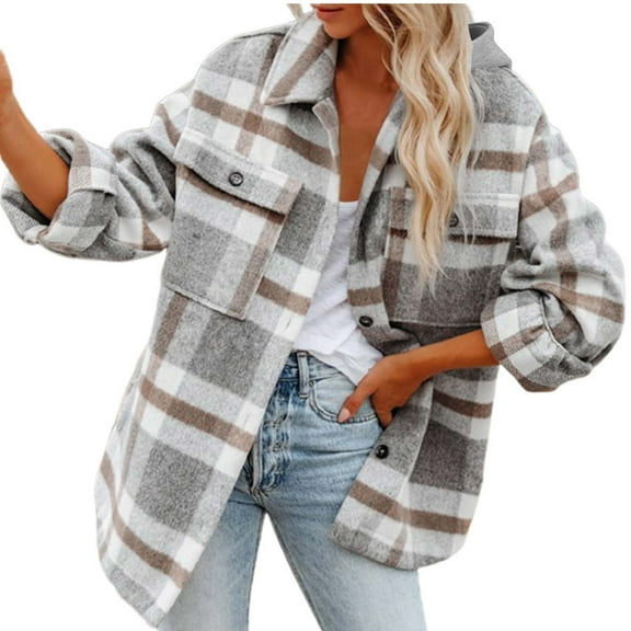 Elabch Flannel Shirts for Women Button Down Plaid Jackets Hooded Long Sleeve Shacket Adjustable Button Cuff Coats Blouses with Pocket Gray S