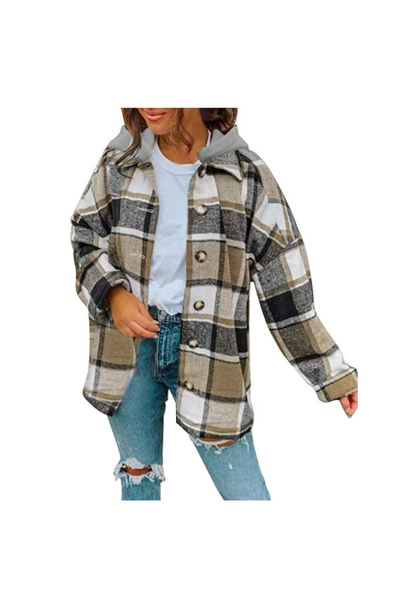 Flannel Shirts for Women Button Down Plaid Jackets Hooded Long Sleeve Shacket Adjustable Button Cuff Coats Blouses with Pocket Khaki XXL