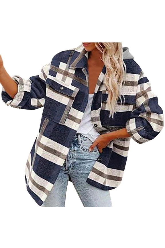 Flannel Shirts for Women Button Down Plaid Jackets Hooded Long Sleeve Shacket Adjustable Button Cuff Coats Blouses with Pocket Navy L