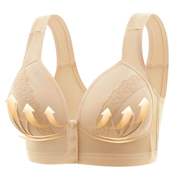 Elabch Front Closure Bra Front Button Bra Full Coverage Comfortable Everyday Bras Plus Size Wireless Front Button Push Up Bras Lace Front Closure Bras Beige XL