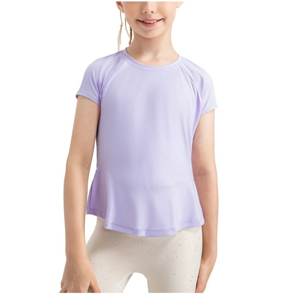 Elabch Girls Short Sleeve T Shirts Teen Kids Athletic Shirts Solid Crewneck Split Side Tshirt Quick Dry Summer Tops Size 4Y-11Y