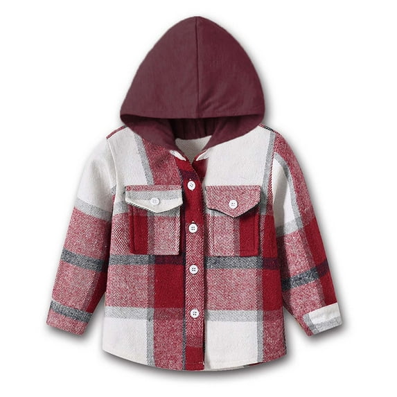 Elabch Infant Toddler Kids Boys Plaid Flannel Shirt Jacket with Hooded Long Sleeve Button Down Pocketed Shirts Regular Fit Casual Fall Winter Coat Hooded Brushed Shirt Jacket, Sizes 3M-5Y