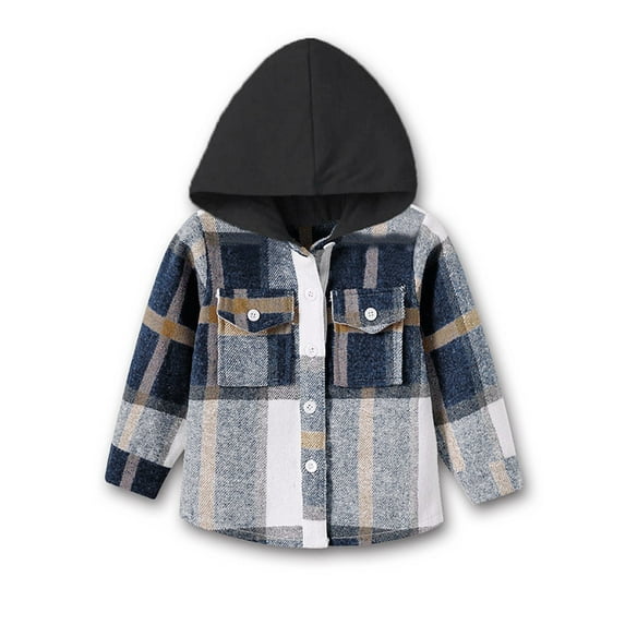 Elabch Infant Toddler Kids Boys Plaid Flannel Shirt Jacket with Hooded Long Sleeve Button Down Pocketed Shirts Regular Fit Casual Fall Winter Coat Hooded Brushed Shirt Jacket, Sizes 3M-5Y