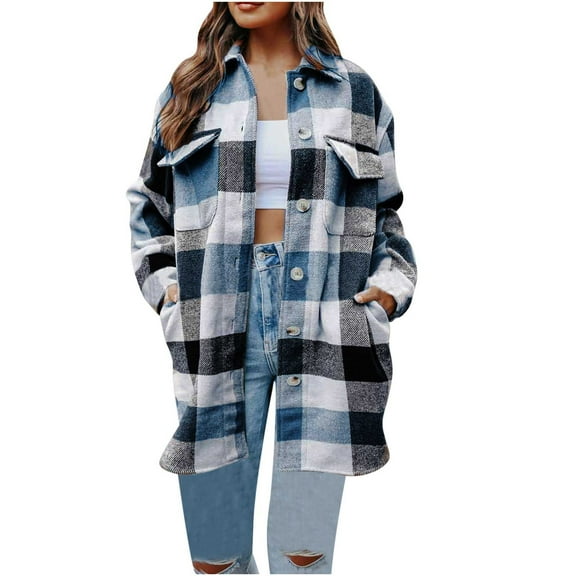 Elabch Plaid Flannel Shirts for Women Casual Lapel Button Down Long Plaid Shirt Coat Tartan Shacket Jacket Blue XL