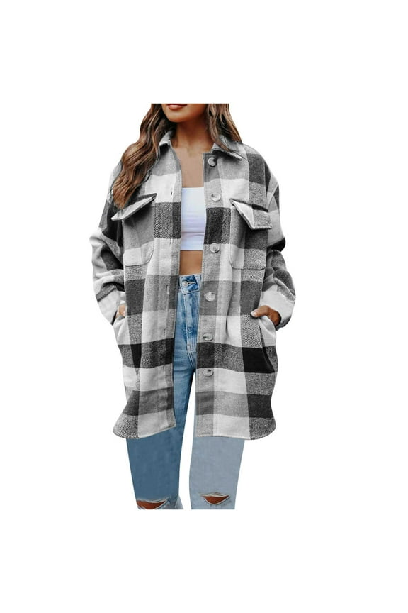 Plaid Flannel Shirts for Women Casual Lapel Button Down Long Plaid Shirt Coat Tartan Shacket Jacket Gray M