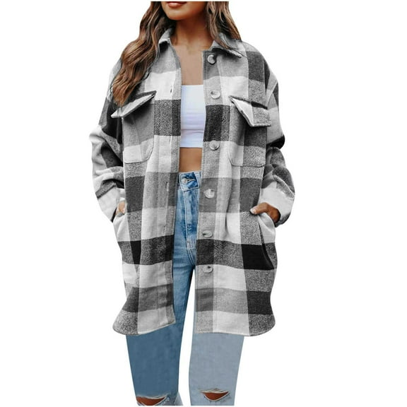 Elabch Plaid Flannel Shirts for Women Casual Lapel Button Down Long Plaid Shirt Coat Tartan Shacket Jacket Gray S