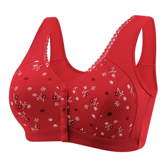 Elabch Plus Size Daisy Bras for Women No Underwire Front Closure Comfort Senior Wireless Bras Full Coverage Everyday Bras Front Button Bra Red M