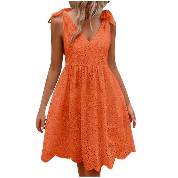 Elabch Summer Dresses for Womens Casual V Neck Sleeveless Mini Dress Eyelet Embroidery Tie Shoulder Tiered Ruffle Swing A Line Short Beach Sundresses Orange M
