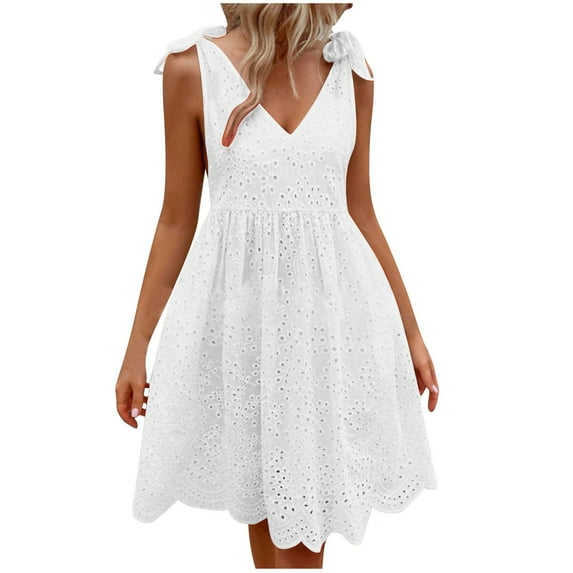 Elabch Summer Dresses for Womens Casual V Neck Sleeveless Mini Dress Eyelet Embroidery Tie Shoulder Tiered Ruffle Swing A Line Short Beach Sundresses White L