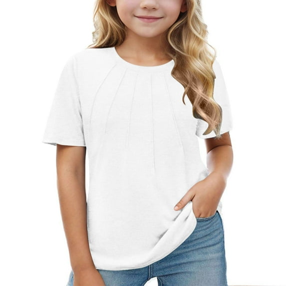 SROBPTY Girls Short Sleeve T Shirt Tops Crewneck Solid Front Pleated T-Shirts Summer Short Sleeve Fashion Tops Tees