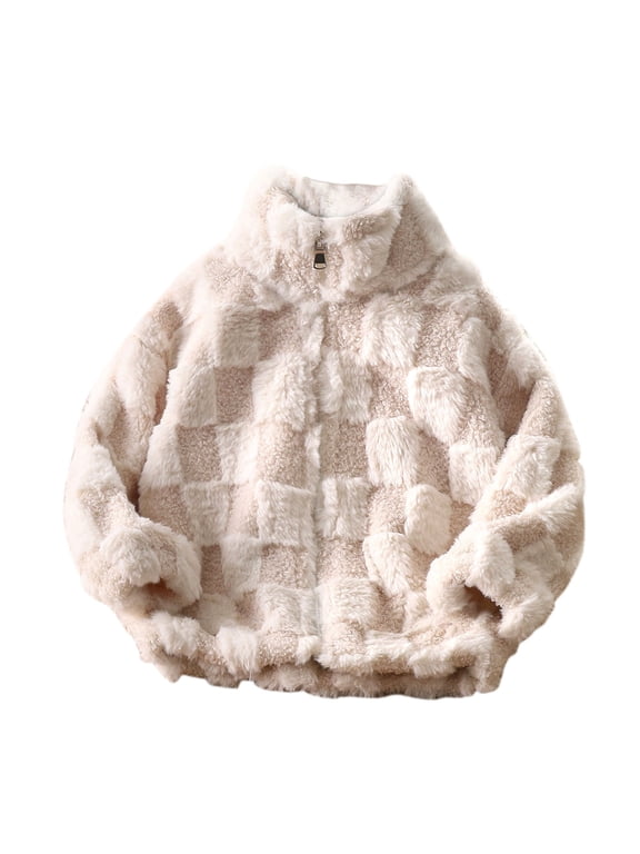 Toddler Boy Girls Fleece Jackets Full-Zip Buffalo Plaid Stand Collar Sherpa Fuzzy Coat Unisex Thickened Warm Jacket with Pockets, Size 3T-13Y