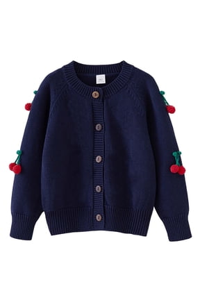 Toddler Girls Sweaters Long Sleeve Knit Button Cardigan Cotton Hand-hooked Cherry Open Front Ribbed Cardigan for Little Girls Blue, Sizes 2-7