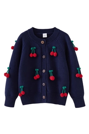 Toddler Girls Sweaters Long Sleeve Knit Button Cardigan Cotton Hand-hooked Cherry Open Front Ribbed Cardigan for Little Girls Blue, Sizes 2-7