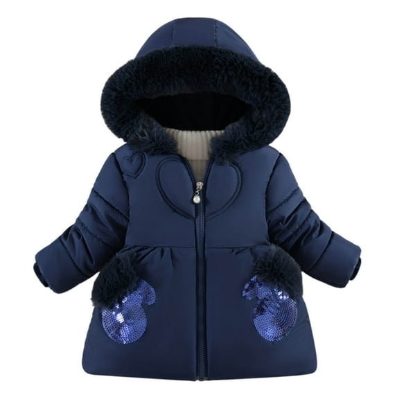 Elabch Toddler Girls Winter Coats Zip Hooded Puffer Jacket Fashion Print Velvet Thickened Mid Coat Little Girl Parka Snow Outwear Size 9M-2Y