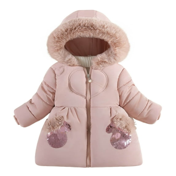 Elabch Toddler Girls Winter Coats Zip Hooded Puffer Jacket Fashion Print Velvet Thickened Mid Coat Little Girl Parka Snow Outwear Size 9M-2Y