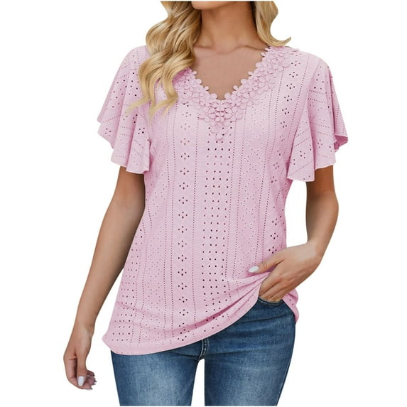 Elabch V Neck T Shirts for Women Eyelet Embroidery Summer Tops Short Sleeve Shirts Casual Ruffle Sleeve Tunic Tops Pink S