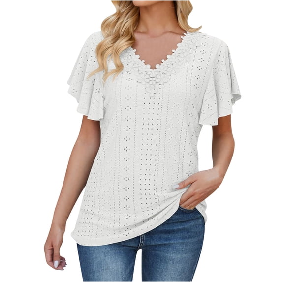 Elabch V Neck T Shirts for Women Eyelet Embroidery Summer Tops Short Sleeve Shirts Casual Ruffle Sleeve Tunic Tops White M