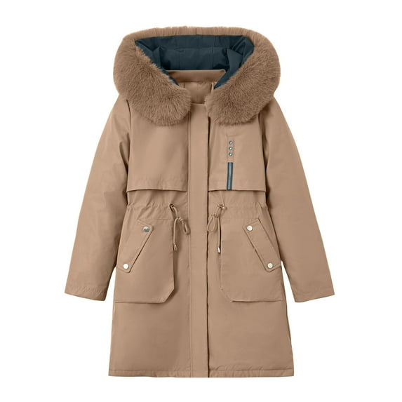 Elabch Winter Coats for Women Full Zip Fleece Coat Windproof Warm Fleece Lined Parkas Plus Size Faux Fur Snow Outwear Coat with Removable Hood Khaki, M-6XL