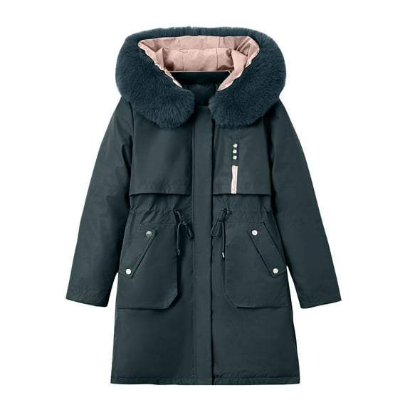 Elabch Winter Coats for Women Full Zip Fleece Coat Windproof Warm Fleece Lined Parkas Plus Size Faux Fur Snow Outwear Coat with Removable Hood Navy, M-6XL