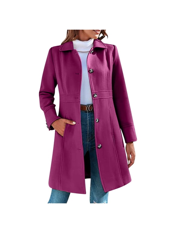 Winter Coats for Women Women's Elegant Single Breasted Coat Long Sleeve Mid Winter Overcoat Work Office Pea Coats Hot Pink M