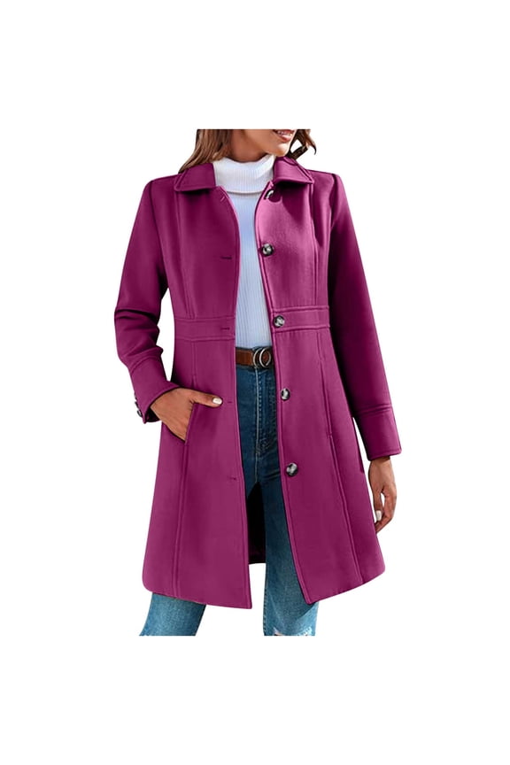 Winter Coats for Women Women's Elegant Single Breasted Coat Long Sleeve Mid Winter Overcoat Work Office Pea Coats Hot Pink M