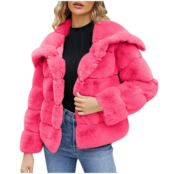 Elabch Women Fluffy Faux Fur Coat Cropped Jacket Winter Fall Open Front Cardigan Lapel Vintage Parka Shaggy Jacket Warm Coat Tops Fuzzy Teddy Coat Hot Pink S