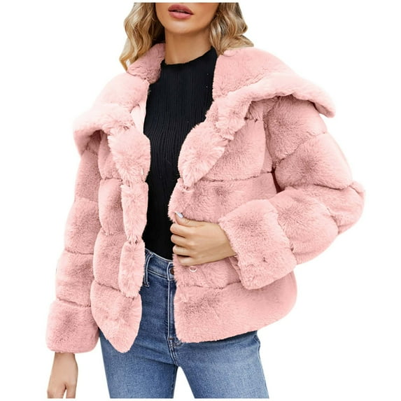 Elabch Women Fluffy Faux Fur Coat Cropped Jacket Winter Fall Open Front Cardigan Lapel Vintage Parka Shaggy Jacket Warm Coat Tops Fuzzy Teddy Coat Pink XXL