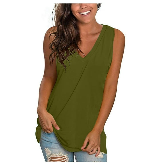 Elabch Women Summer V Neck Tank Tops Plus Size Loose Fit Shirt Solid Color Flowy Sleeveless Tops On Size S-5XL
