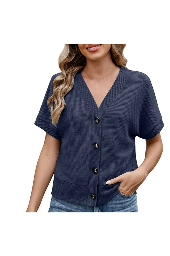 Women Tops, Button Down Short Sleeve Tops for Women Waffle Open Front T Shirts Casual Summer Tops Cardigan Blue L