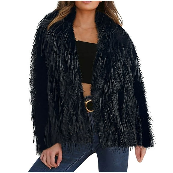 Elabch Women's Faux Fur Coat Open Front Furry Coats Plus Size Lapel Long Sleeve Shaggy Jacket Winter Cardigan Outerwear Black L
