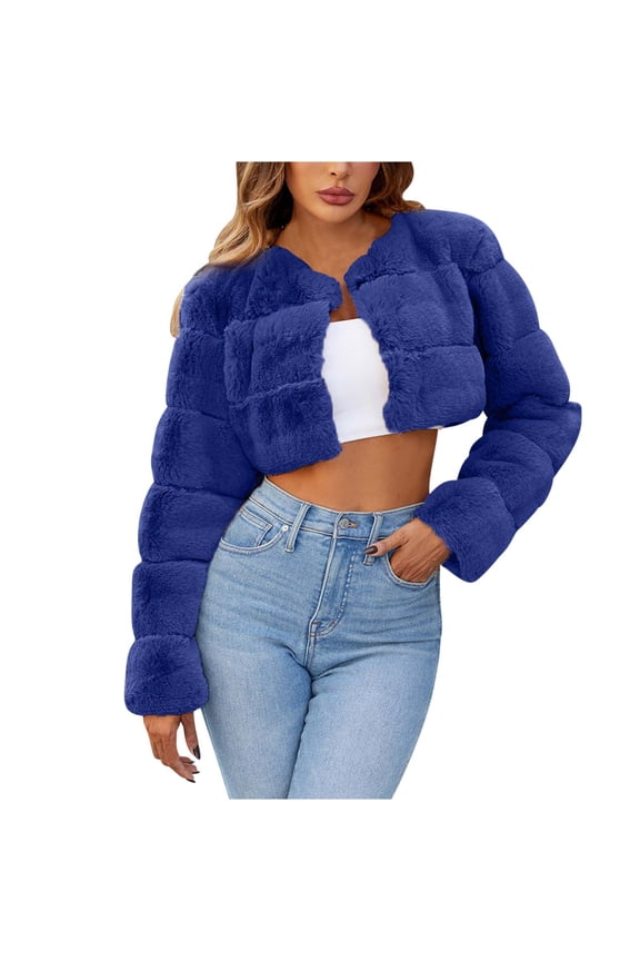 Womens Cropped Faux Fur Jackets Long Sleeve Open Front Fluffy Short Coats Fall and Winter Fashion Puffy Fuzzy Lovely Shearling Shaggy Jacket Blue XXL