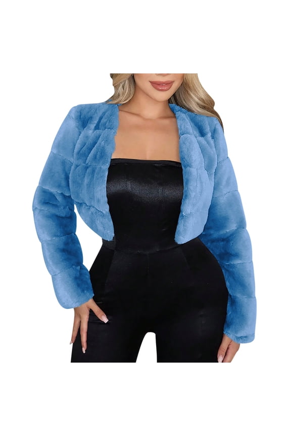 Womens Cropped Faux Fur Jackets Long Sleeve Open Front Fluffy Short Coats Fall and Winter Fashion Puffy Fuzzy Lovely Shearling Shaggy Jacket Blue XXL